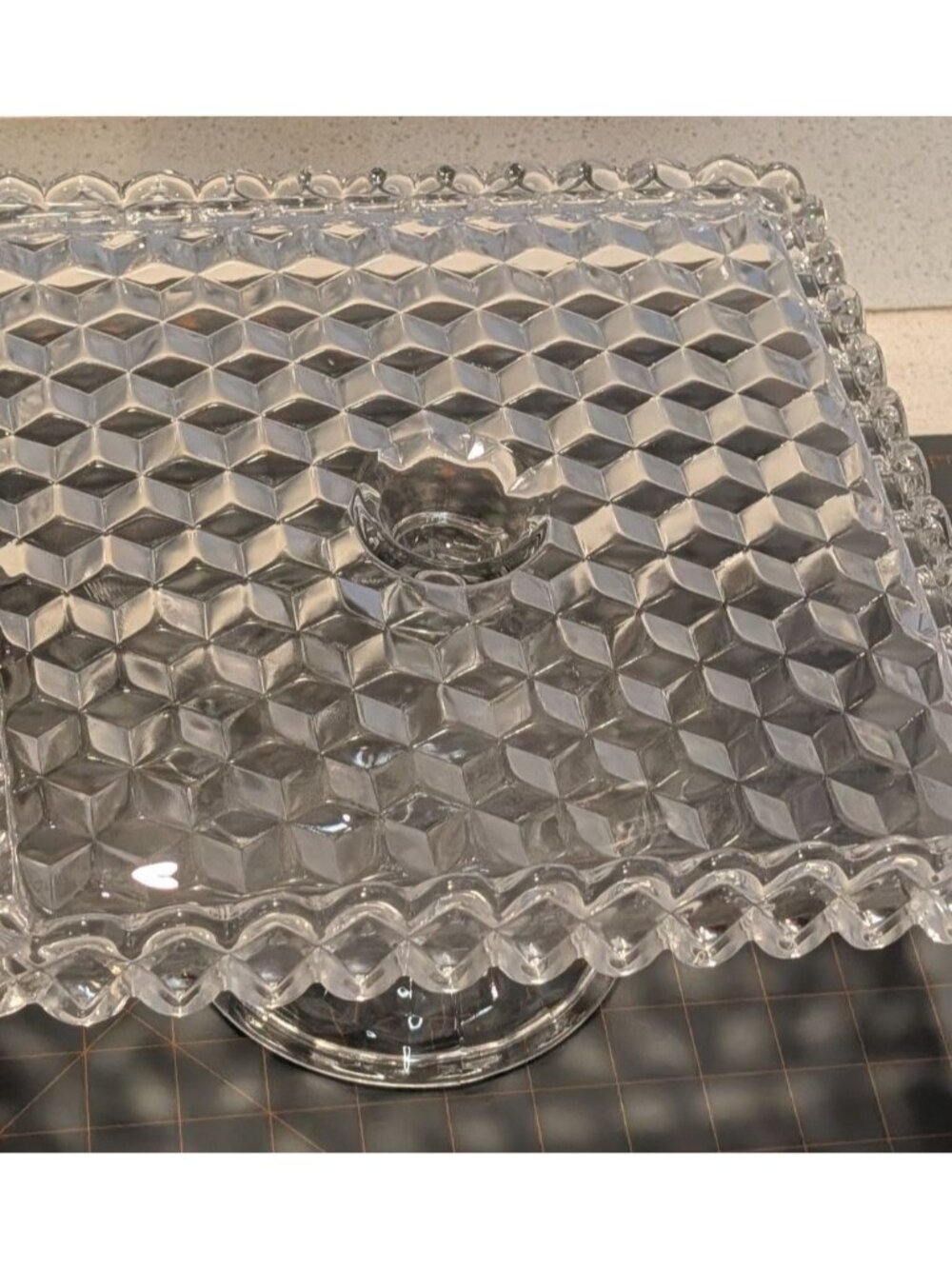 Vintage Fostoria American Clear Glass Square Cake Stand Cubist Pattern Rum Well - Picture 5 of 16